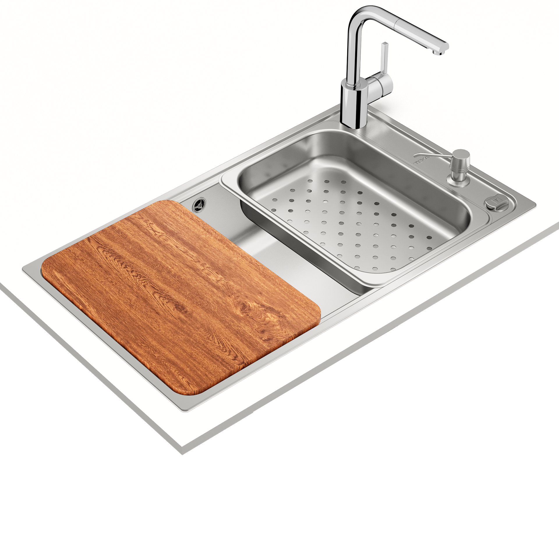 Pack Fregadero encastrado Bahia 1B PLUS con una cubeta de 74 cm + tabla de madera, cesta inox y dispensador de jabón