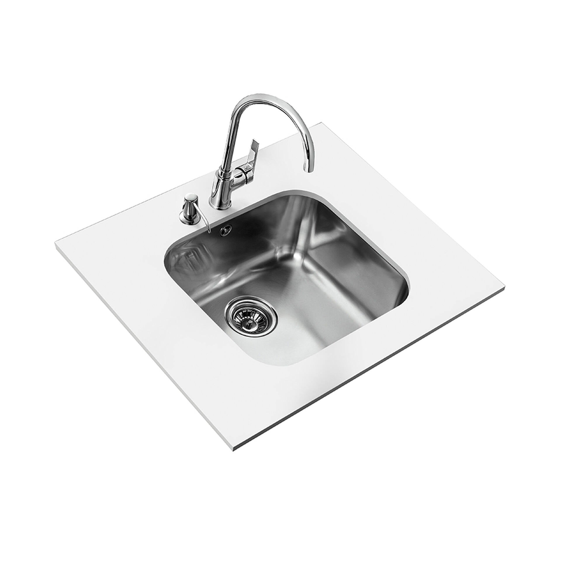 Pack Fregadero Tekaway BE 45.40.20 de una cubeta y grifo de acero inoxidable, dispensador de jabón de regalo