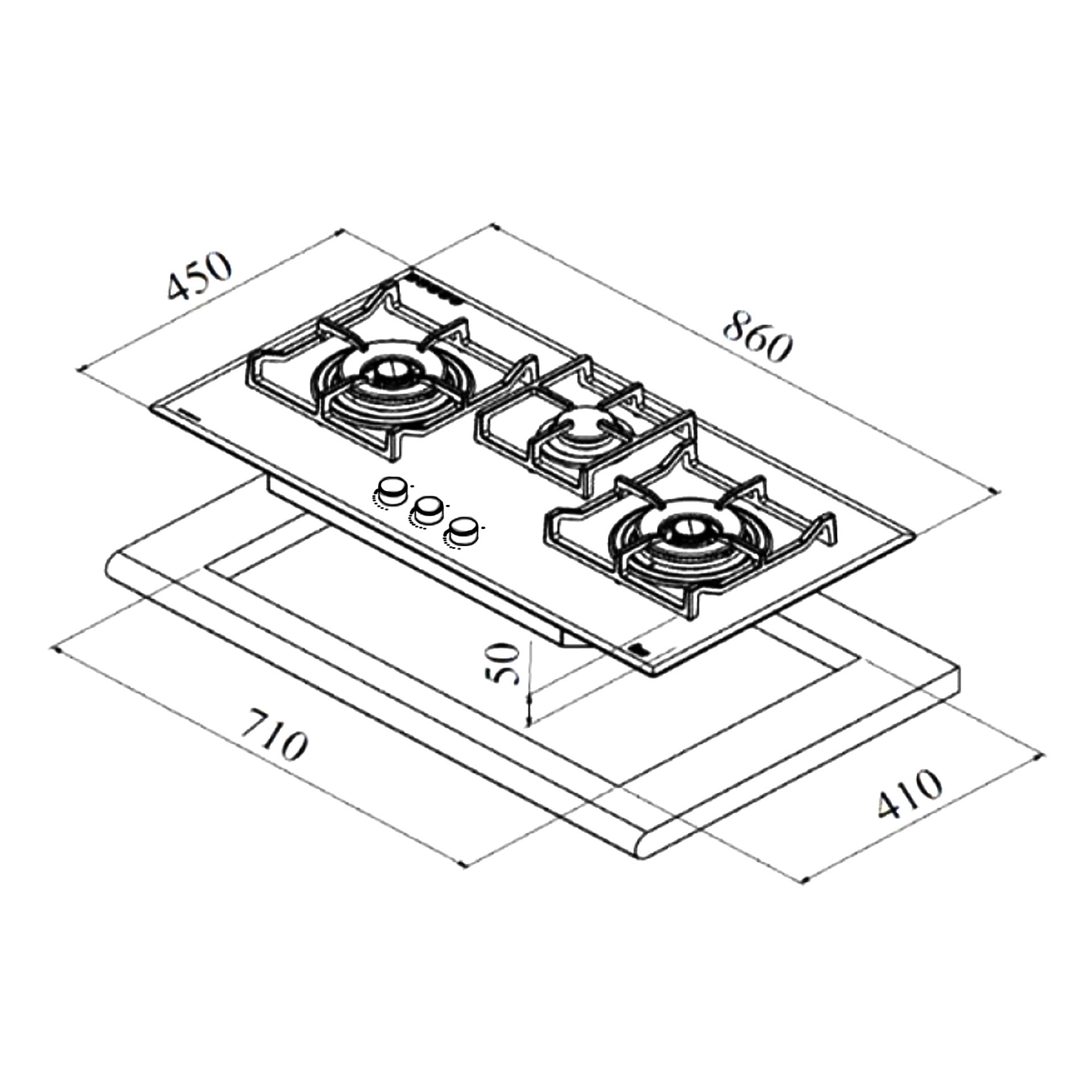 Placa de cristal CGW LUX de 86 cm con 3 quemadores de gas natural (1)
