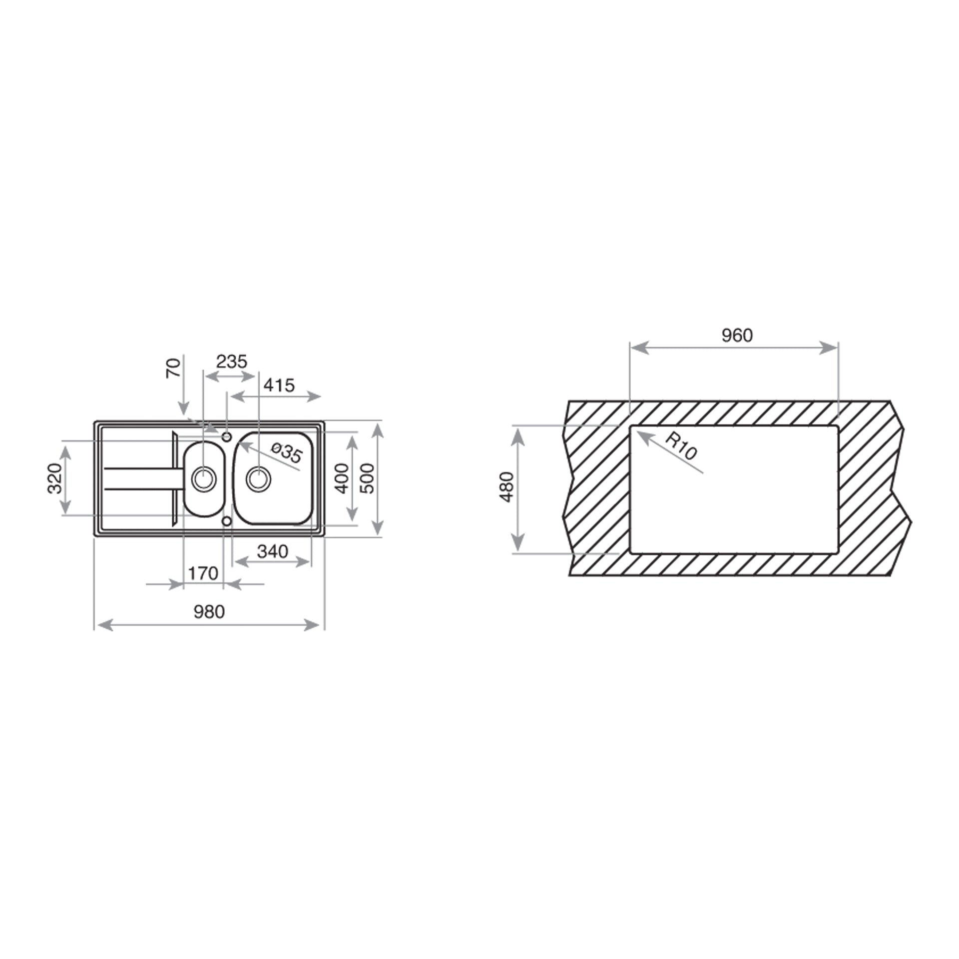 Fregadero Stena 60-B 1½C 1E reversible encastrado de 60 cm con una cubeta principal, una auxiliar y escurridor (2)