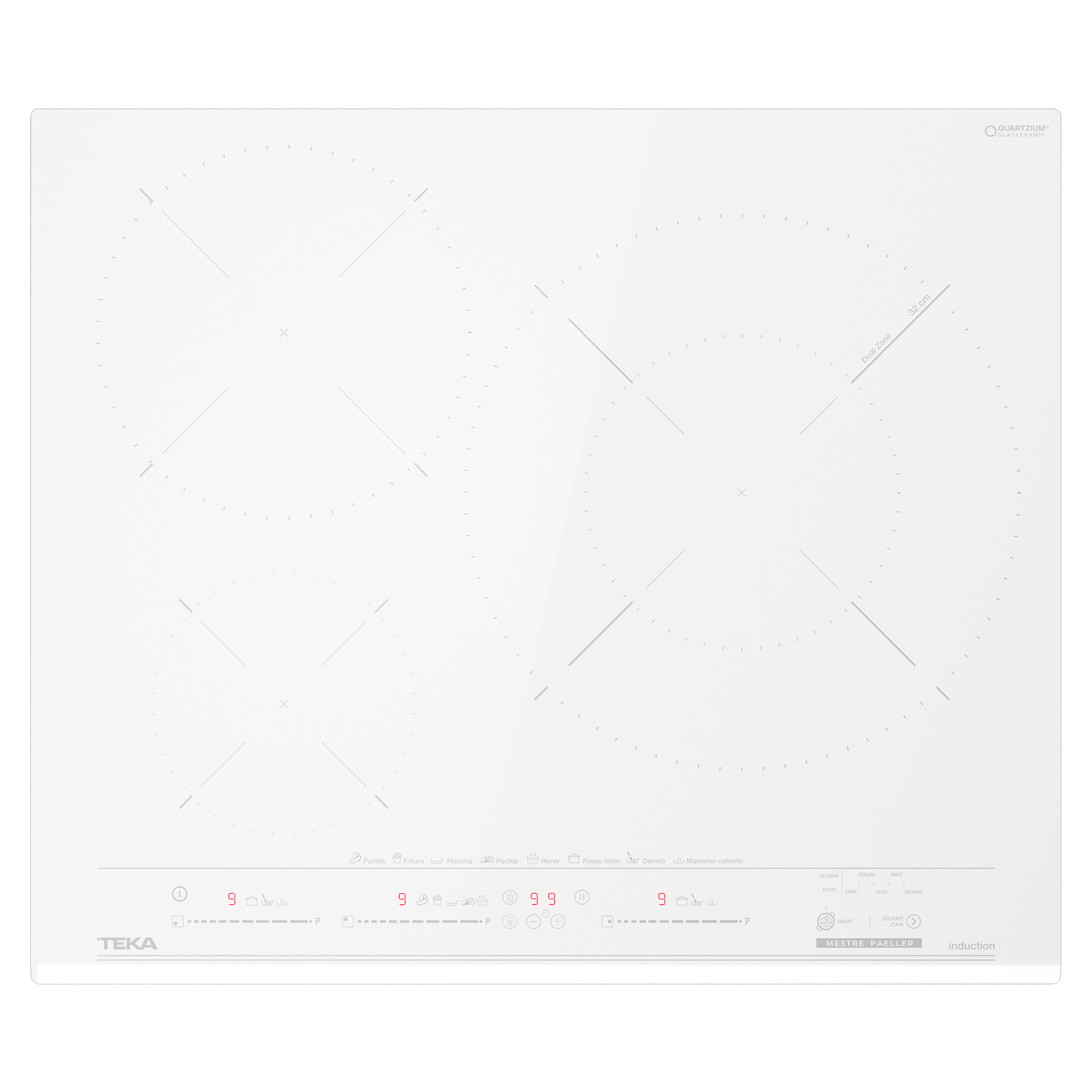 Placa de inducción MestrePaeller IZC 63632 MPT con control táctil MultiSlider y 3 zonas de cocinado con un fuego XL de 32cm para cocinar Paella en color blanco