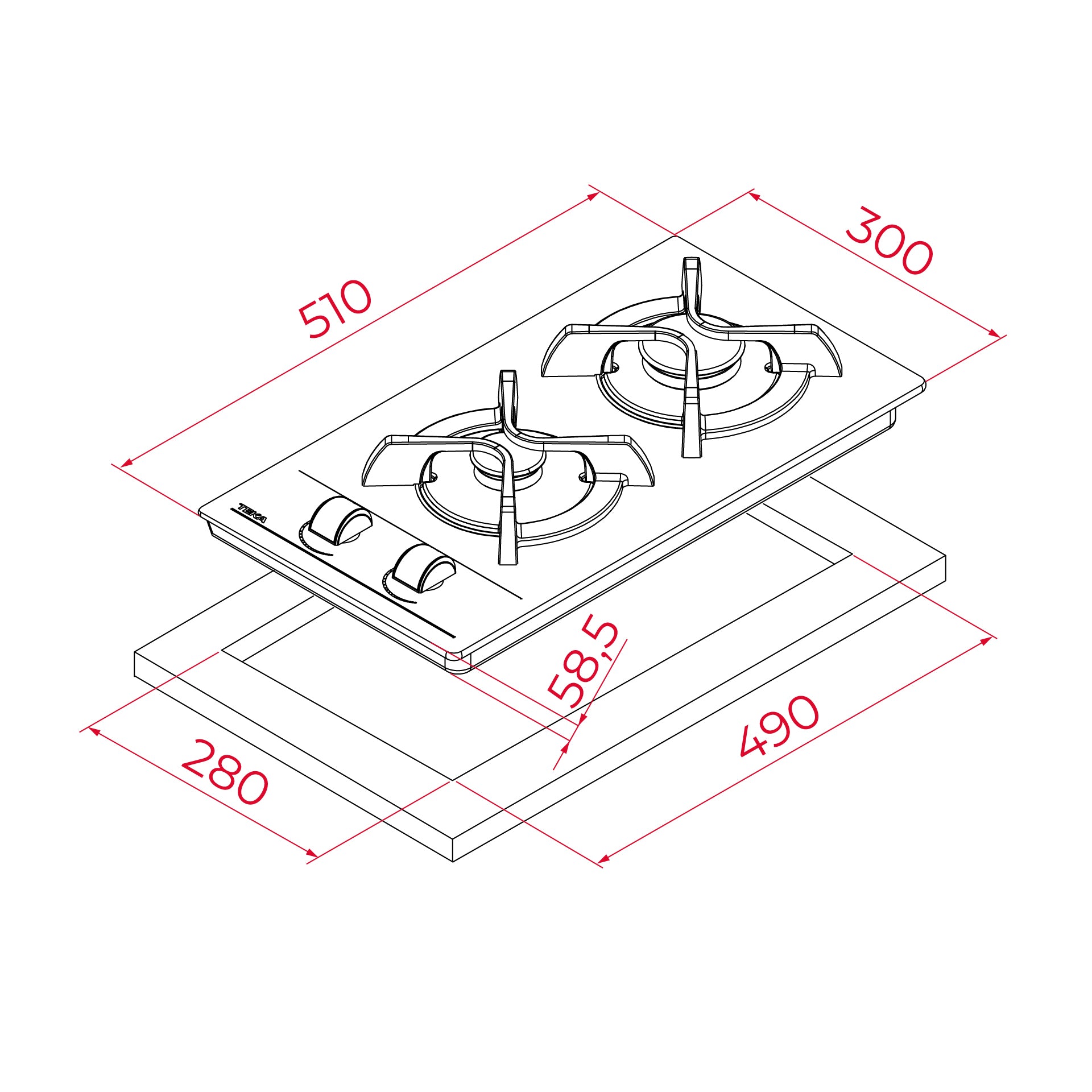 Placa modular Cristal Gas GBC 32000 KL de 30 cm con dos quemadores, mandos frontales ergonómicos de gas butano (2)