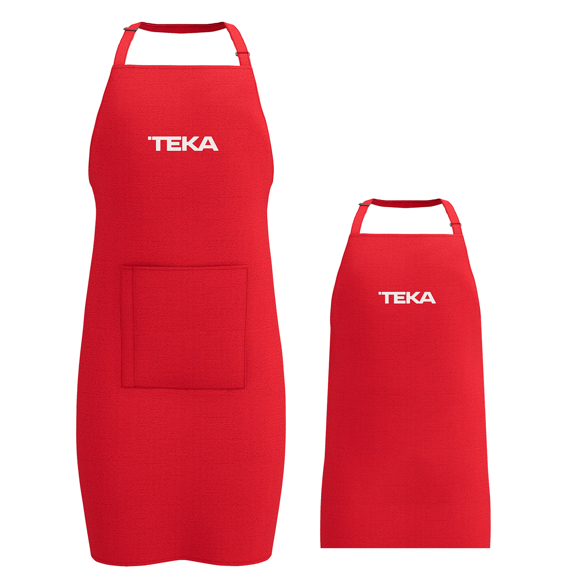 Pack delantales de cocina con cuello ajustable de color rojo en dos tamaños: adulto + niño