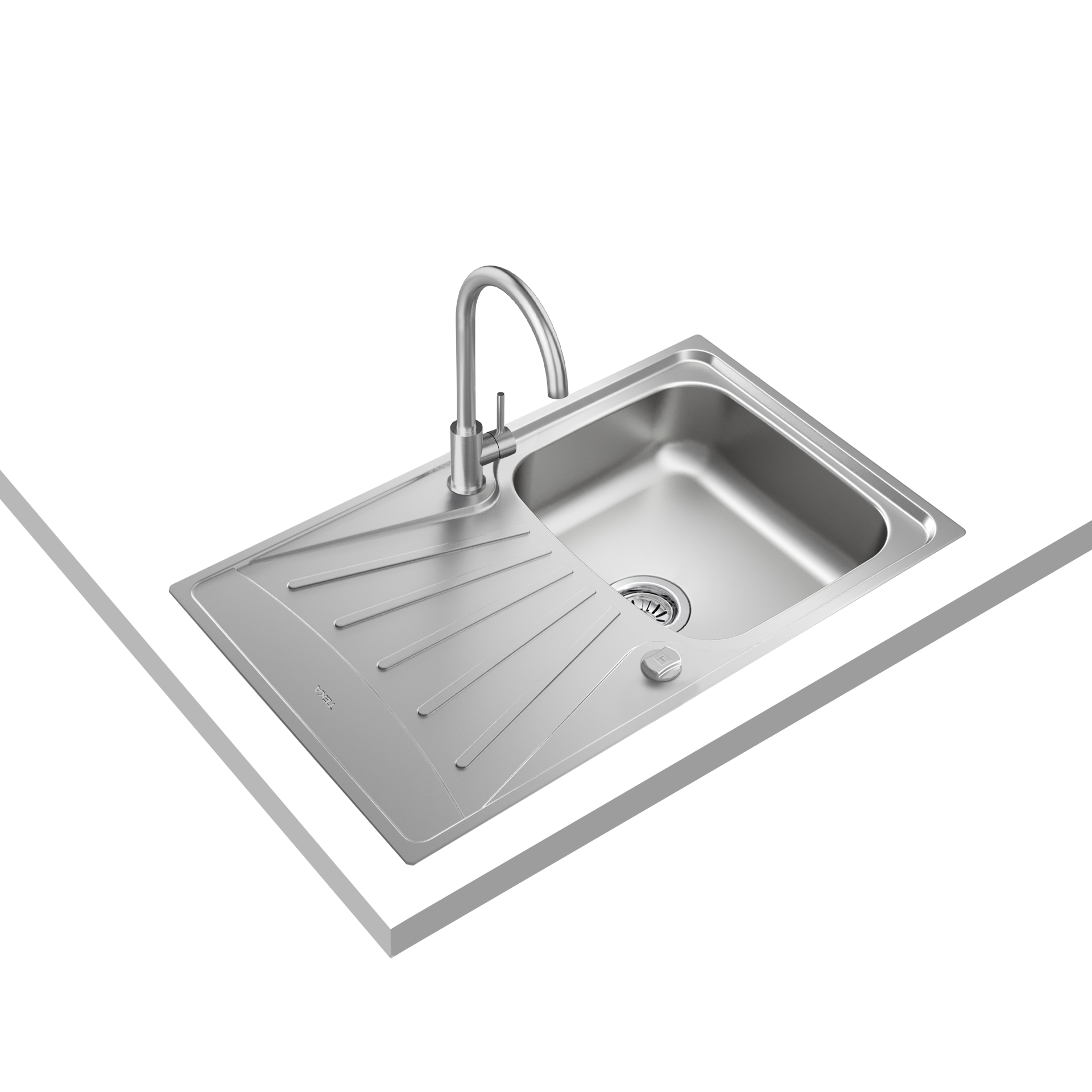 Pack de fregadero Tekaway StarBright 45 E-XP de una cubeta con escurridor y grifo en acabado de acero inoxidable