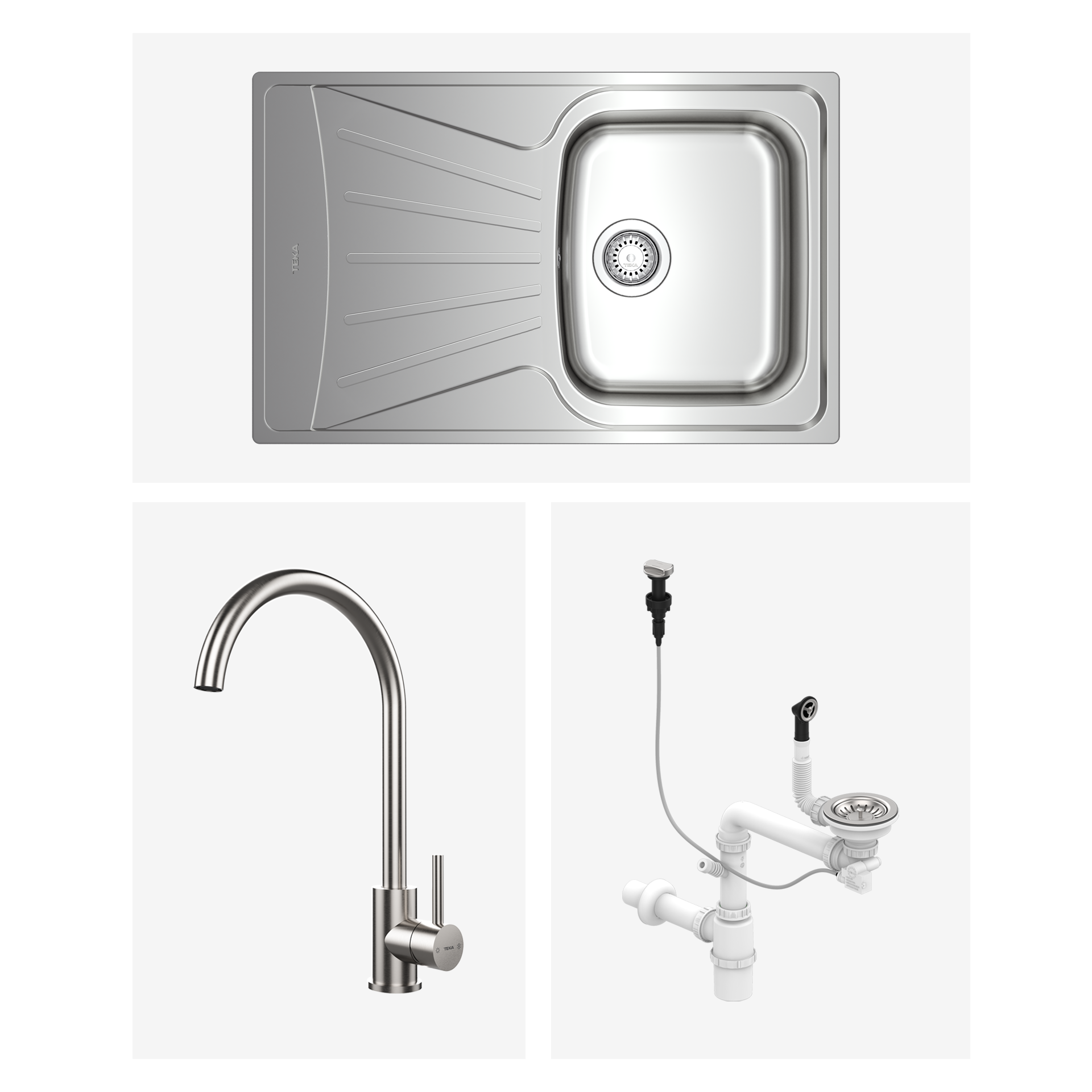 Pack de fregadero Tekaway StarBright 45 E-XP de una cubeta con escurridor y grifo en acabado de acero inoxidable (1)